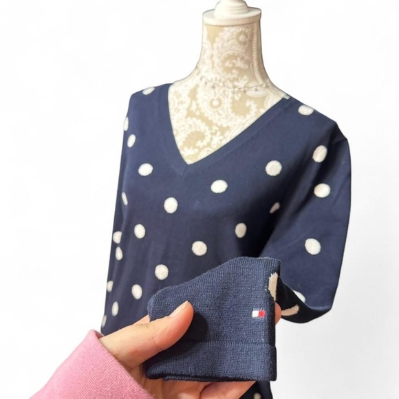 Tommy Hilfiger Navy Blue White Polka Dot V Neck 100% Cotton Sweater Size Large - Picture 3 of 6